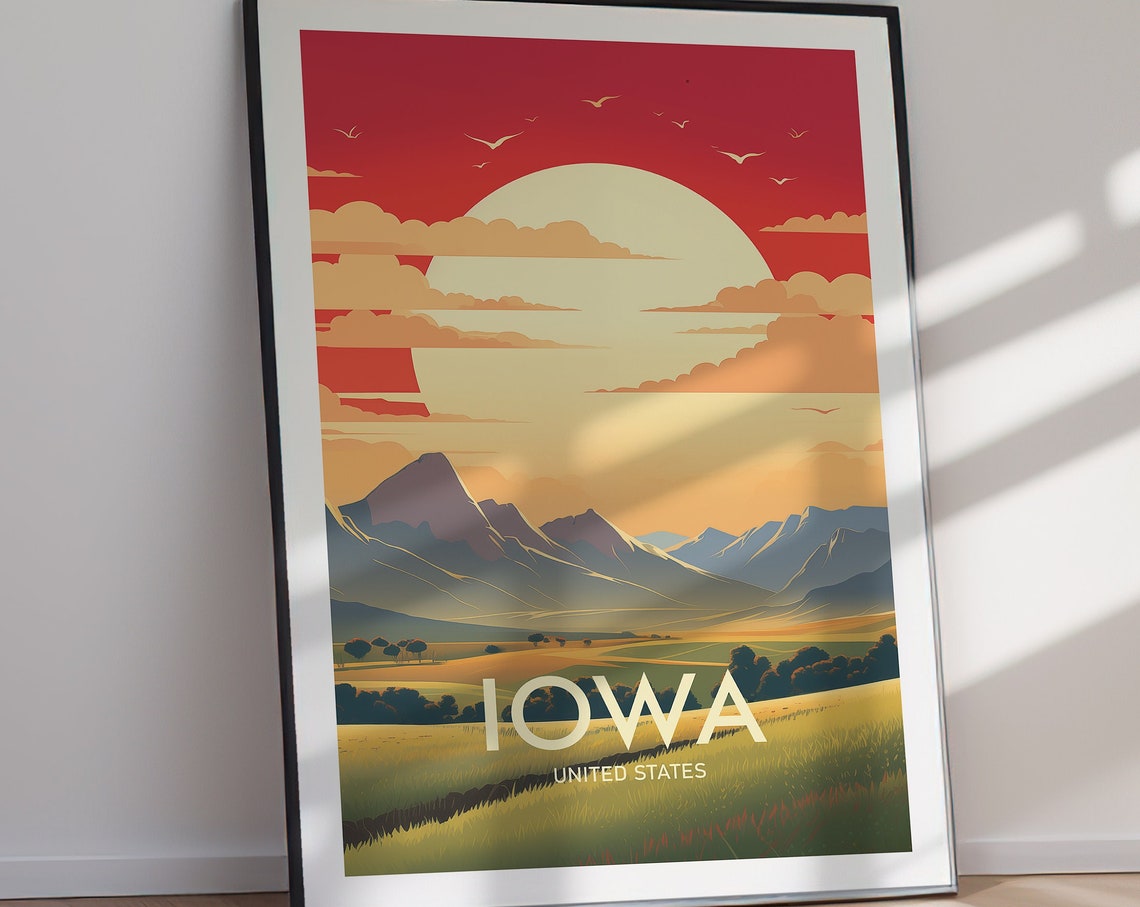 Iowa Rolling Green Fields Retro Sunset Vintage Travel Poster - Image 2
