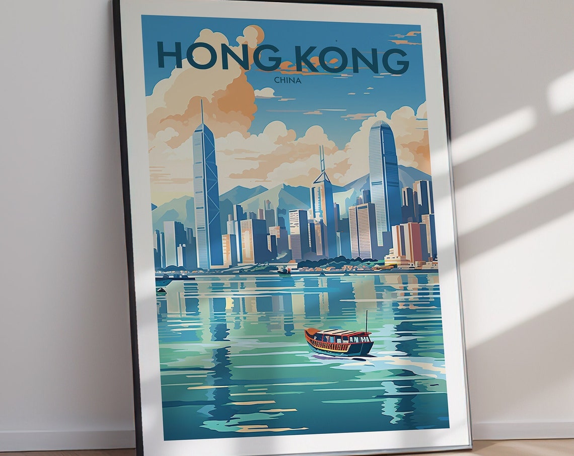 Hong Kong China Harbor Skyline Junk Boat Vintage Travel Poster - Image 2