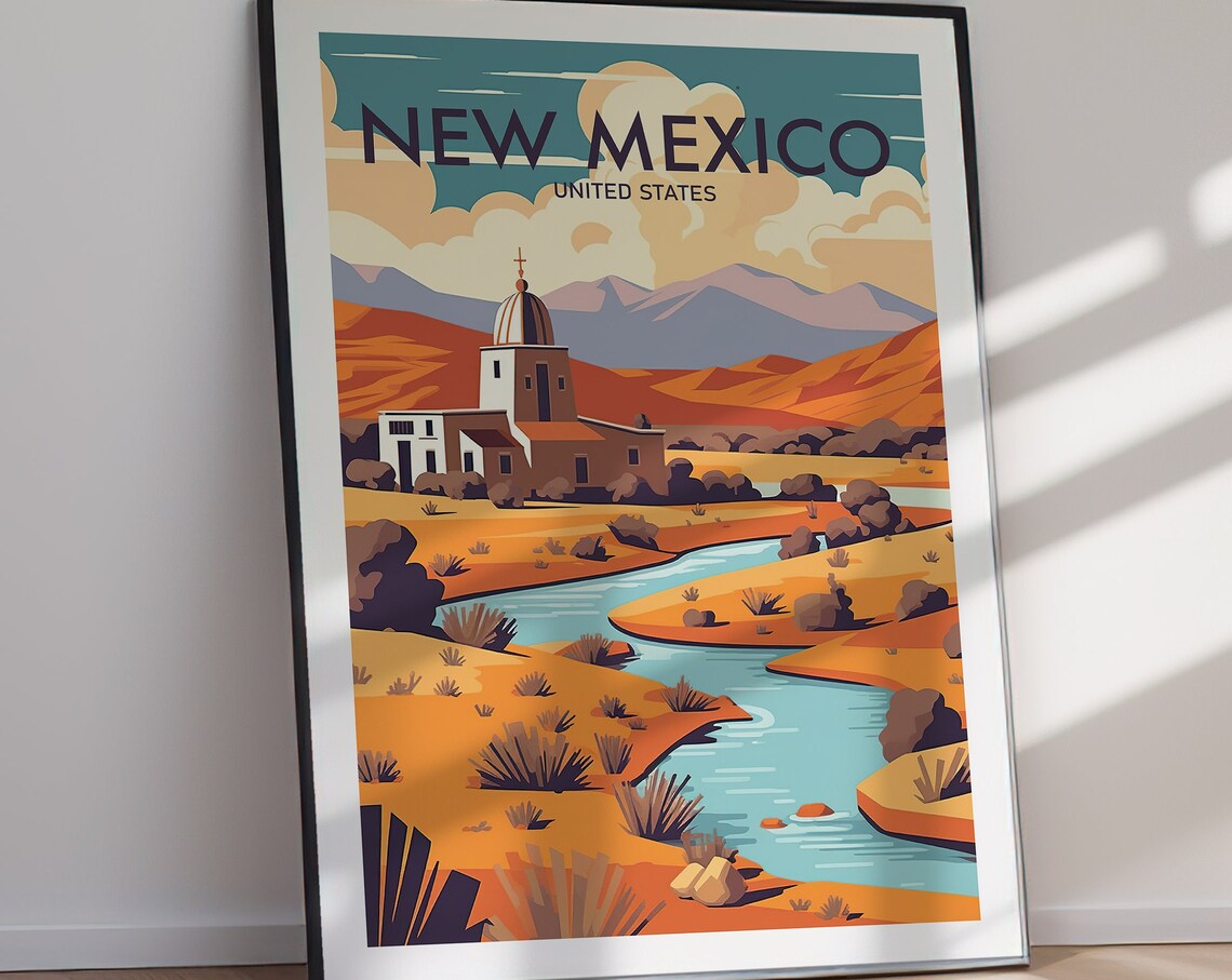 New Mexico Adobe Mission Desert River Retro Sunset Travel Poster - Image 2