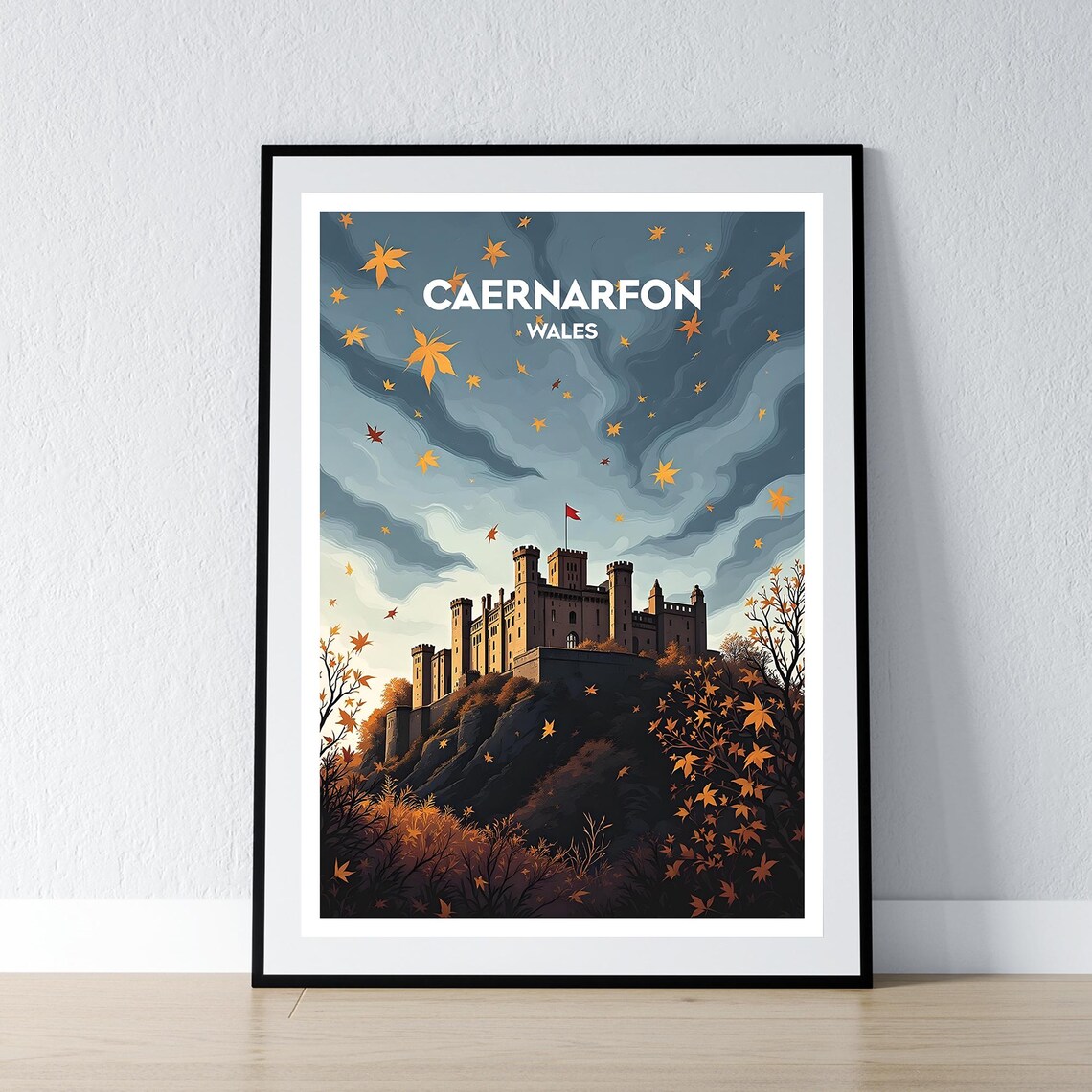 Caernarfon Wales Vintage Travel Poster Castle Autumn Leaves Scene Art