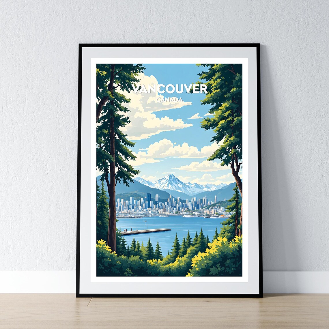Vancouver Canada City Skyline Forest Mountains Vintage Travel Poster