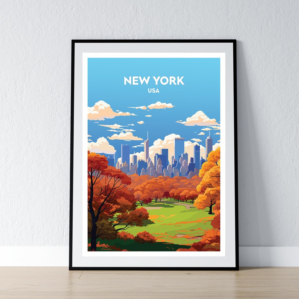 New York Central Park Autumn Vintage Travel Poster Manhattan Skyline View