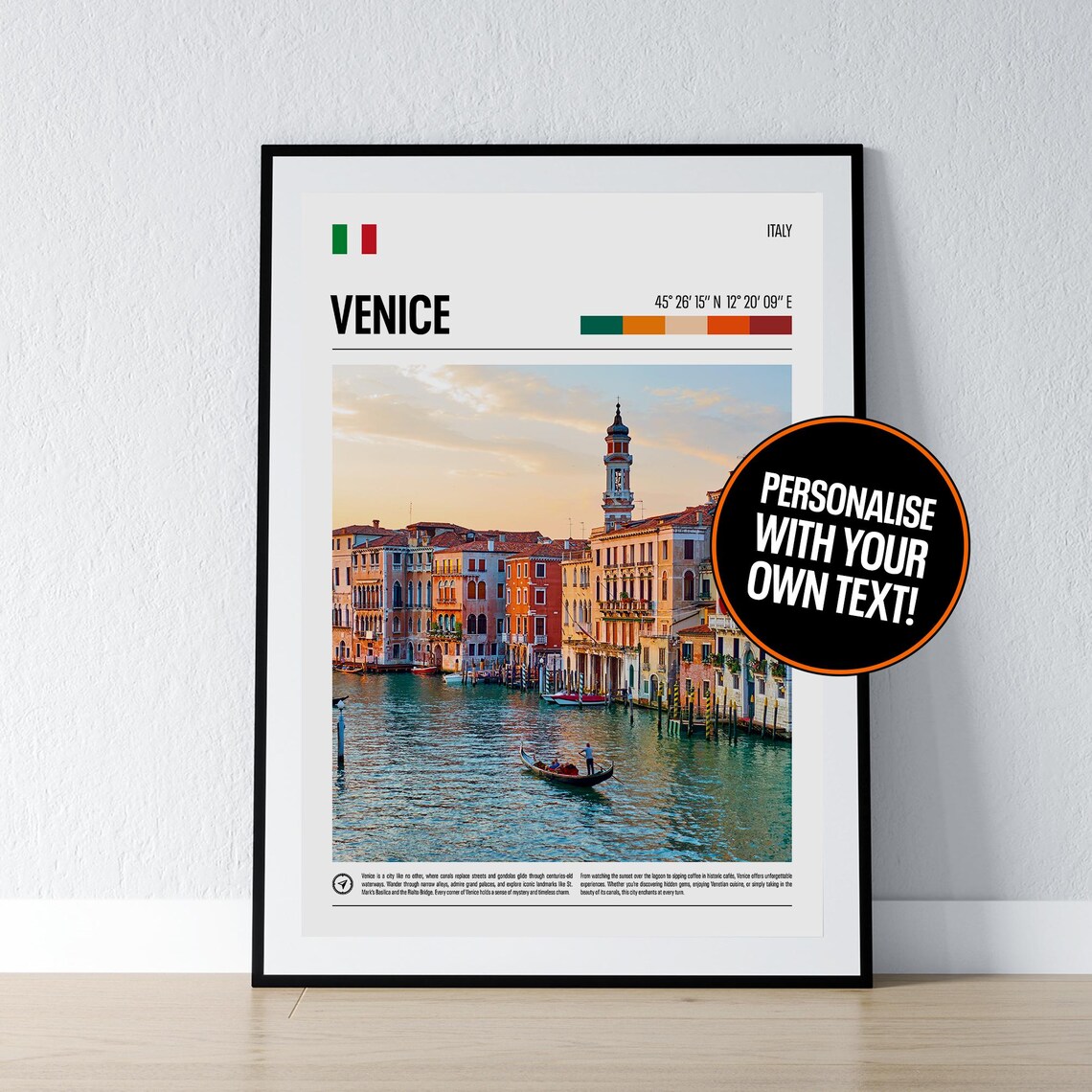 Venice Italy Grand Canal Gondola Sunset Coordinates Photo Poster