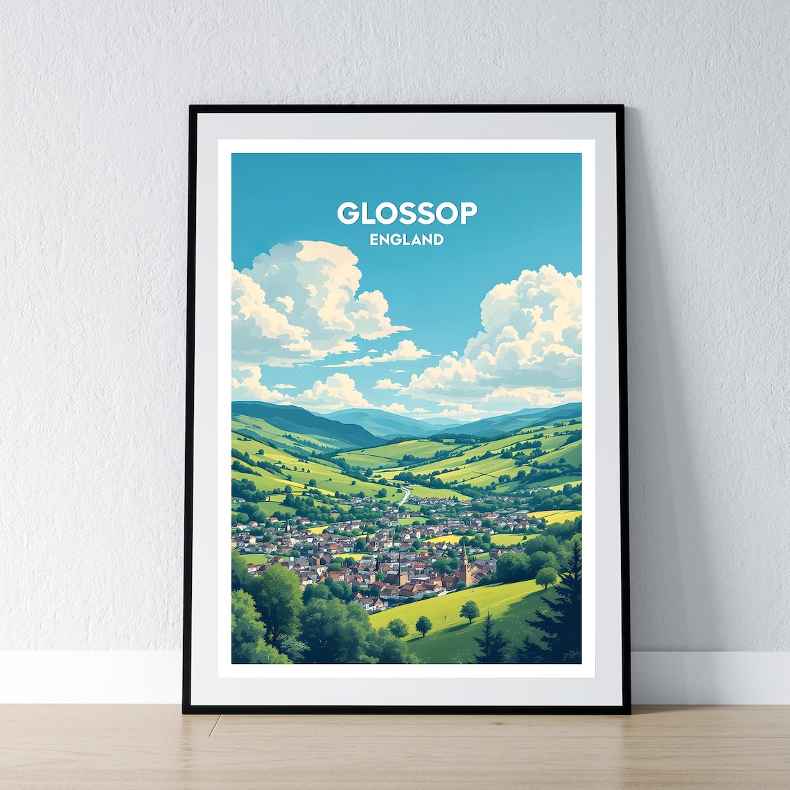 Glossop England Green Valley Town Peak District Travel Poster