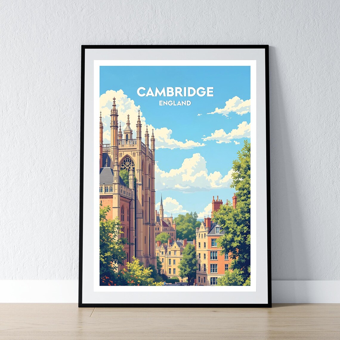 Cambridge England Gothic College Architecture Sunny Travel Poster
