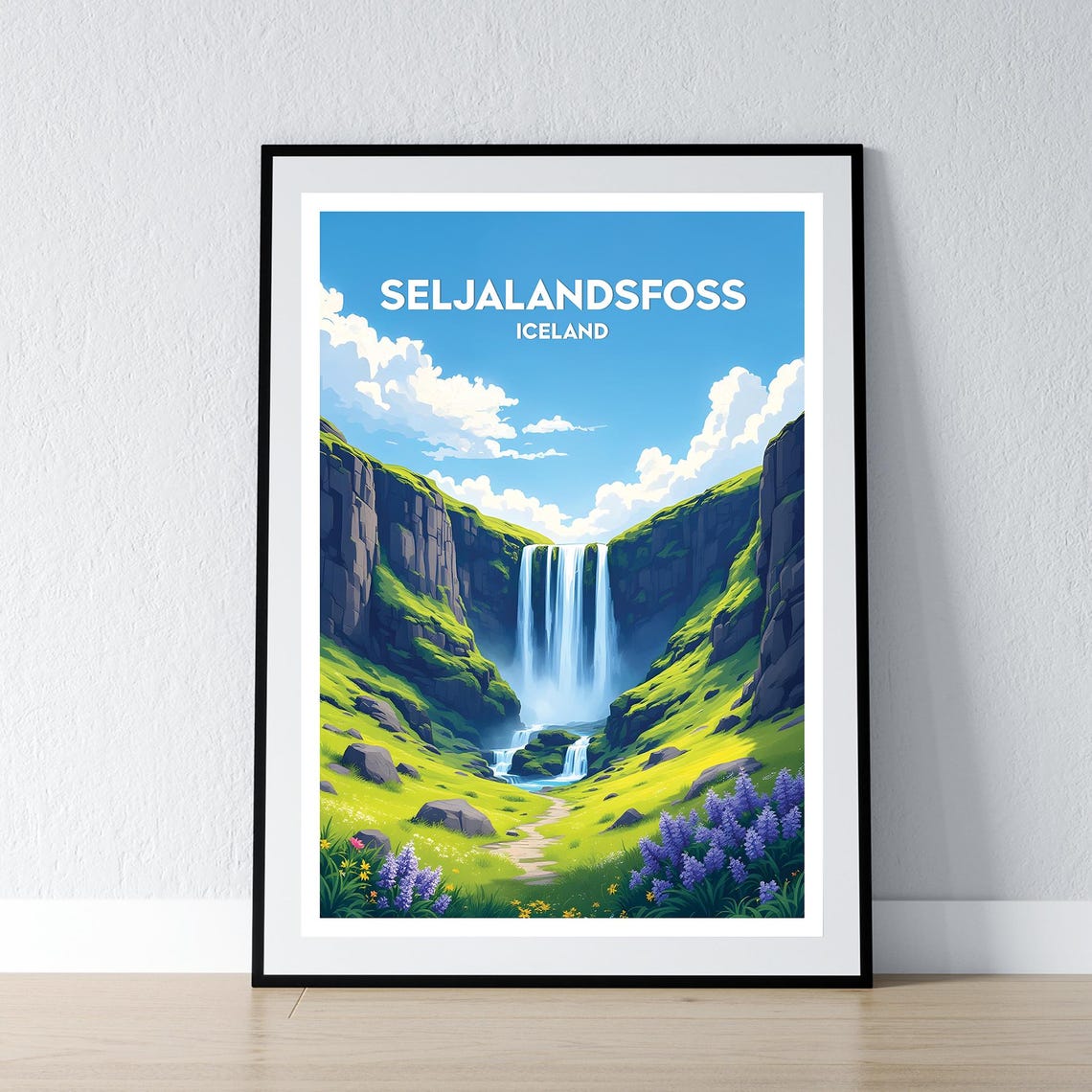 Seljalandsfoss Waterfall Iceland Green Valley Lupines Travel Poster