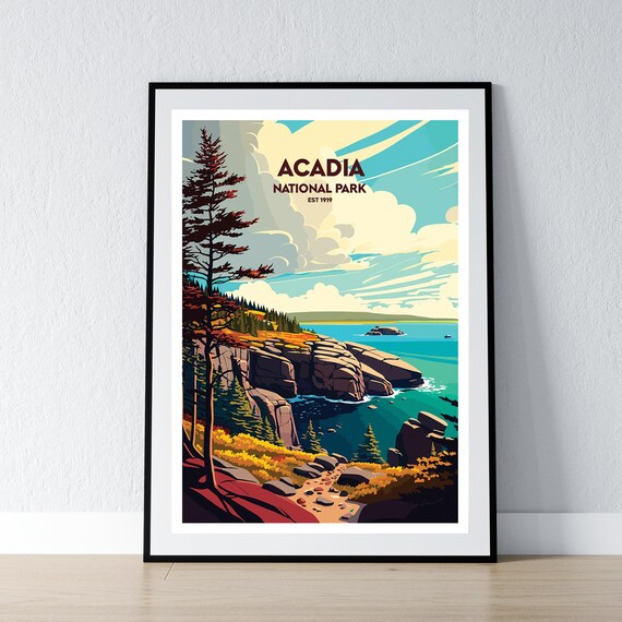 Acadia National Park Est 1919 Rocky Coastline Vintage Travel Poster