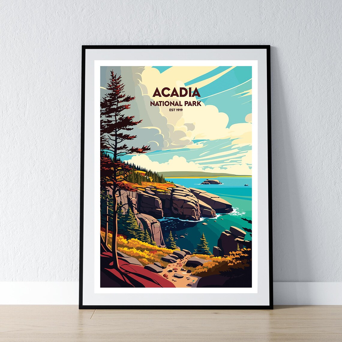 Acadia National Park Est 1919 Rocky Coastline Vintage Travel Poster