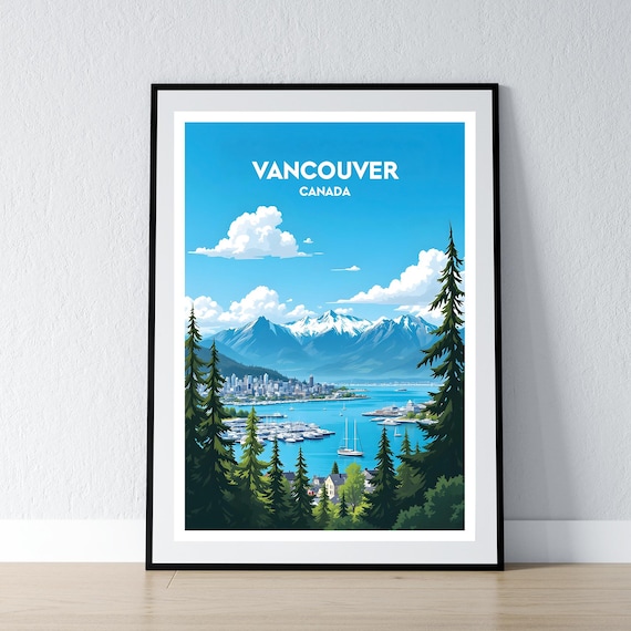 Vancouver Canada Harbor Marina Snow Mountains Blue Sky Travel Poster