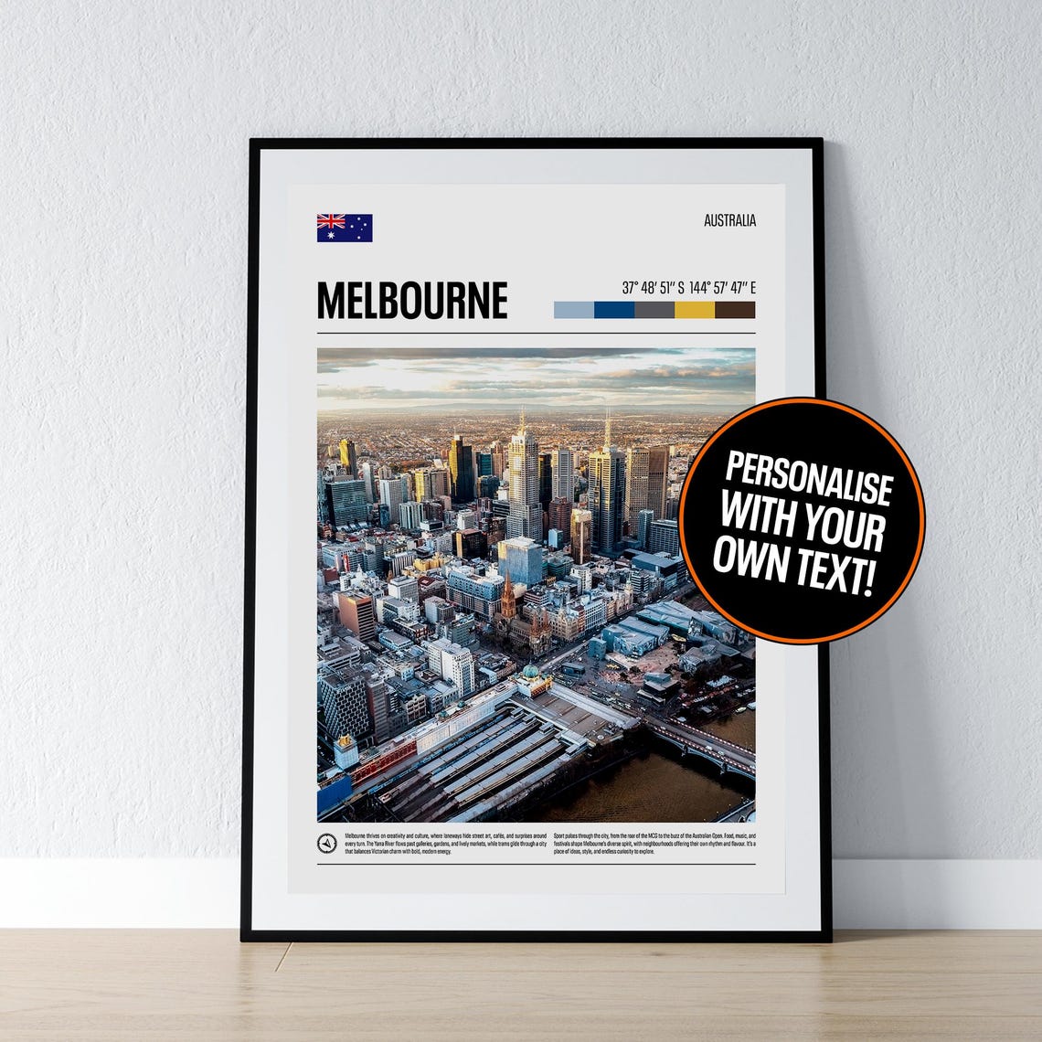 Melbourne Australia City Skyline Aerial Coordinates Photo Poster