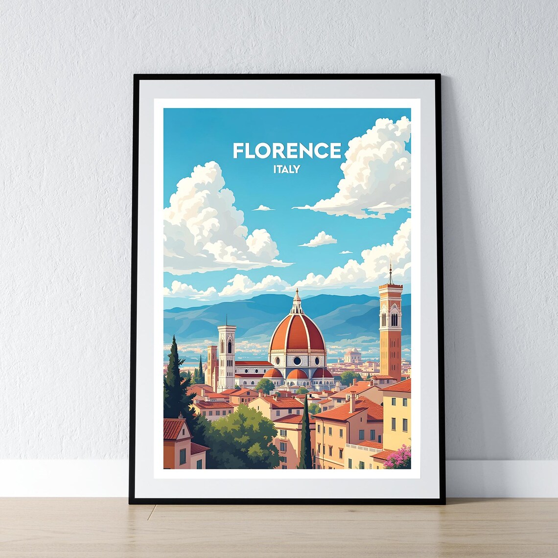 Florence Italy Travel Poster Duomo Bell Towers Sunny Skyline Scene