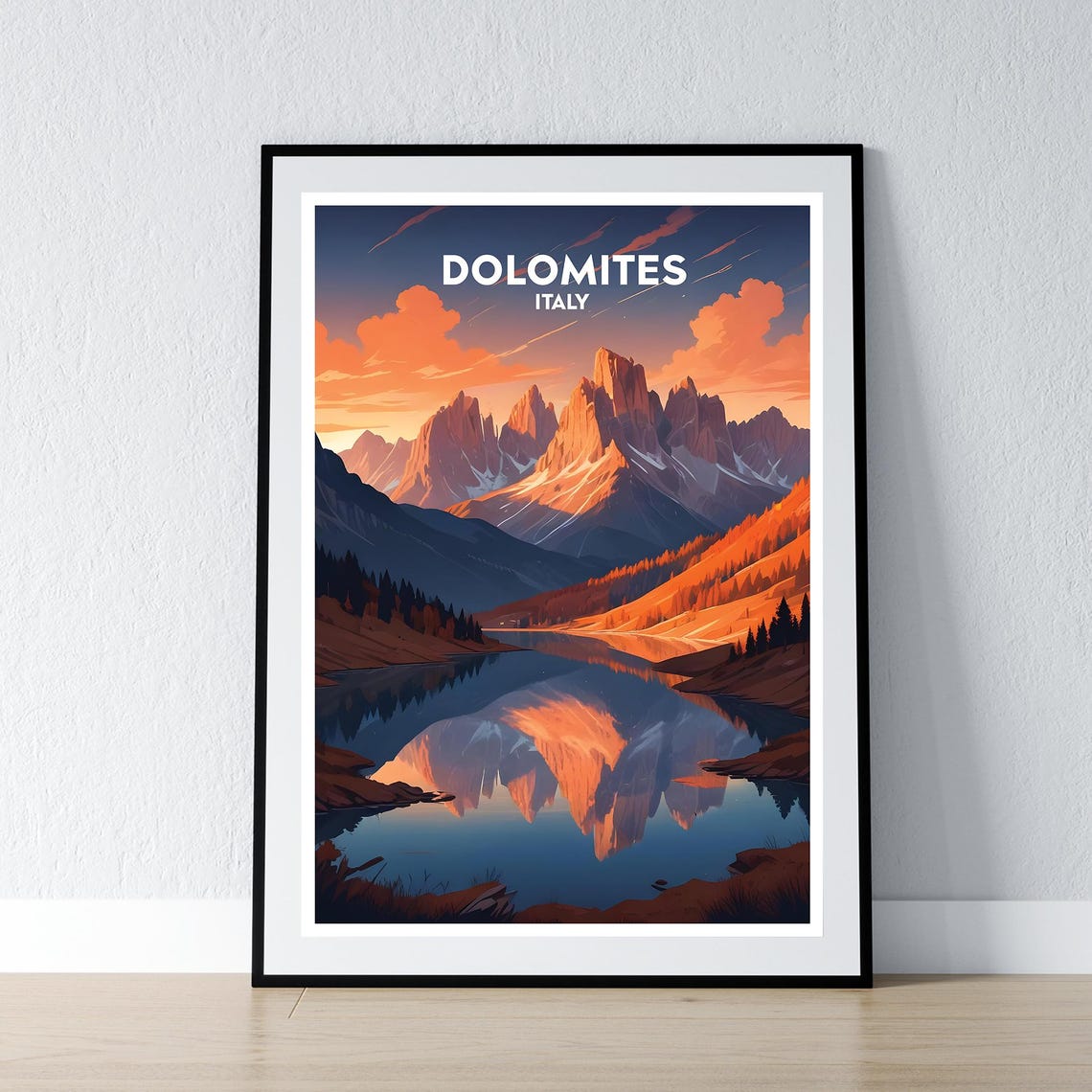 Dolomites Italy Sunset Lake Reflection Mountain Travel Poster