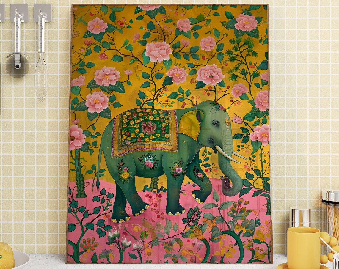 Floral Indian Elephant Folk Art Decor Poster Print - Image 3