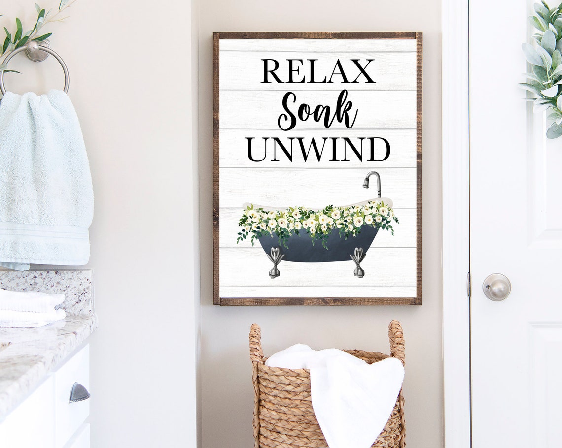 Relax Soak Unwind Navy Blue Bathtub With White Flowers Poster