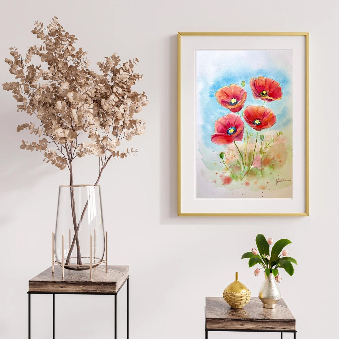 Four Red Poppies Dancing in a Summer Breeze Watercolor Poster - Image 4