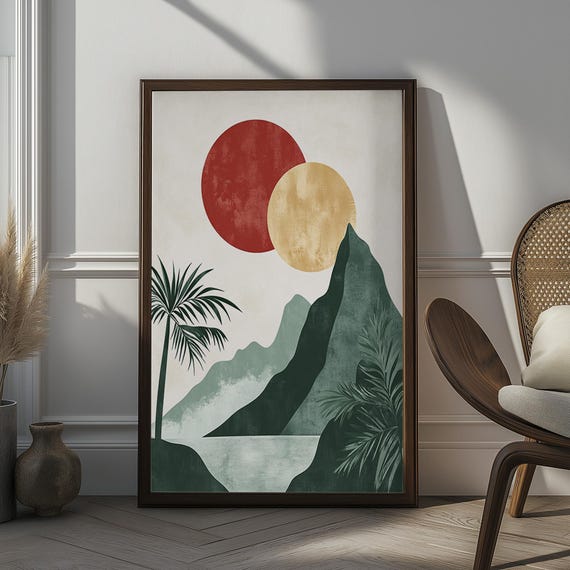 Minimalist Mountain Landscape Art Abstract Nature Print Retro Sunset With Palms Geometric Wall Art Modern Coastal Decor Mountain Art