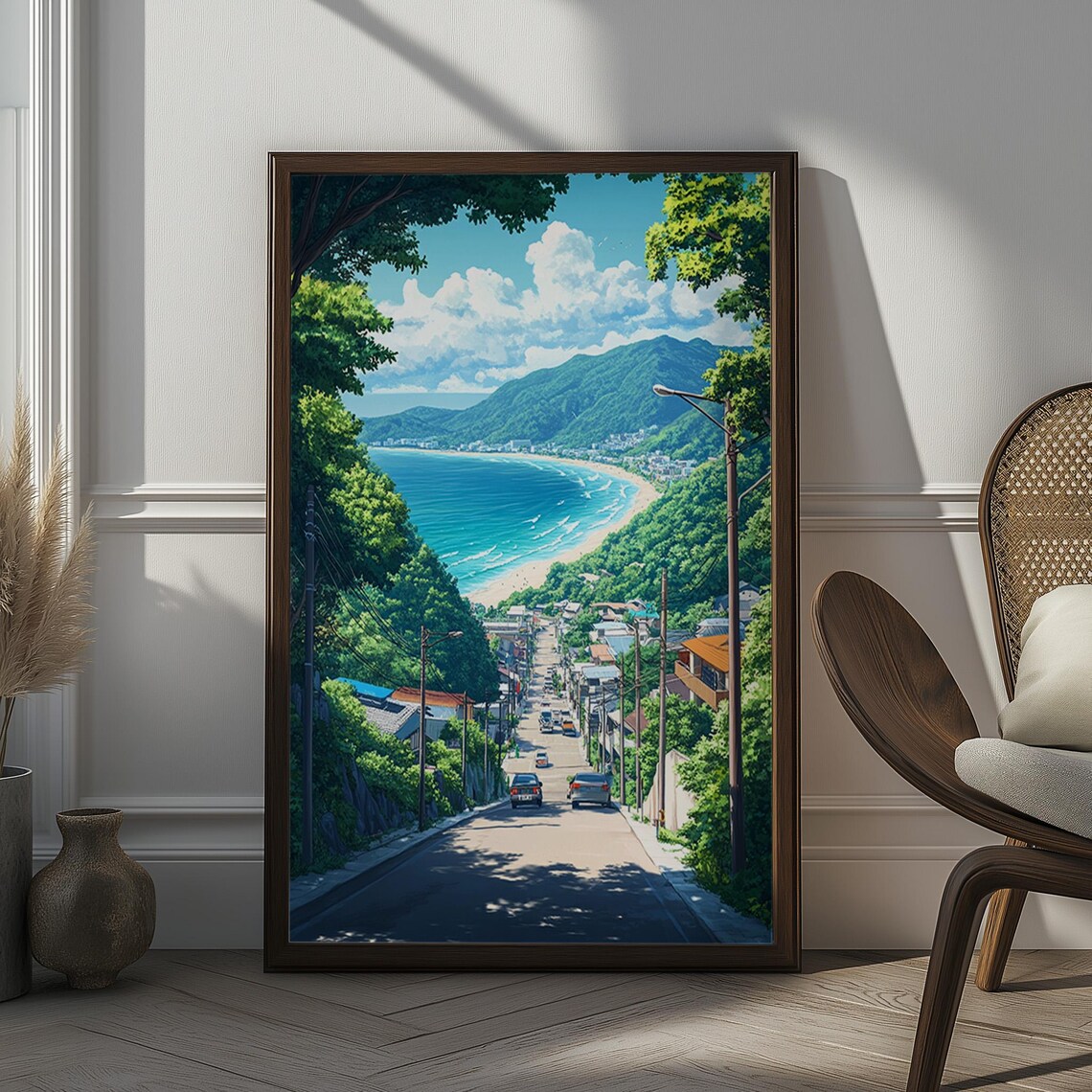 Anime Coastal Town Street Leading to Ocean Japanese Scene Poster
