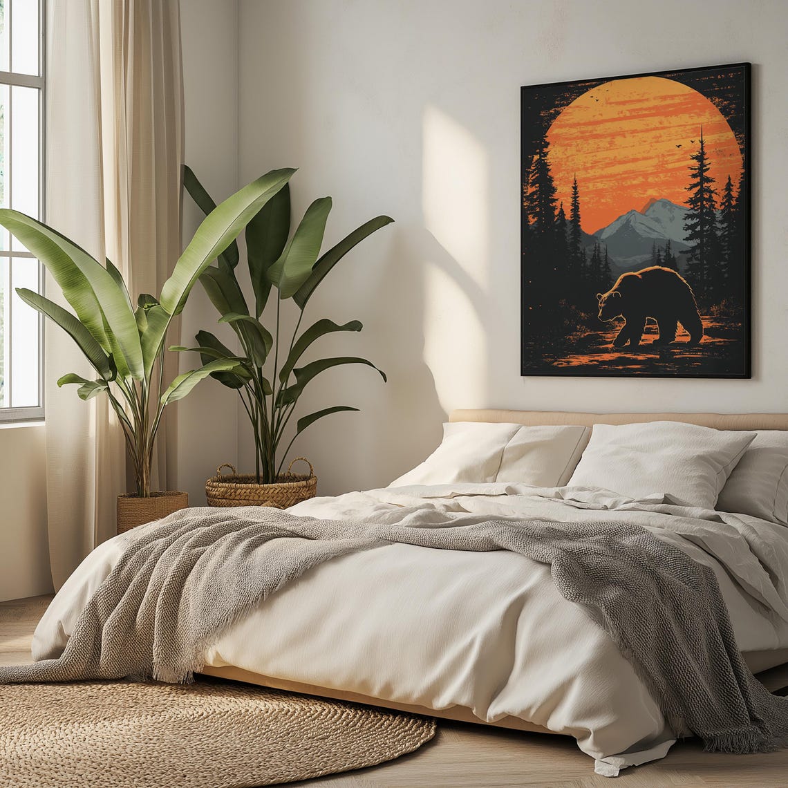 Bear Silhouette at Sunset Over Mountain Forest Rustic Cabin Poster - Image 5