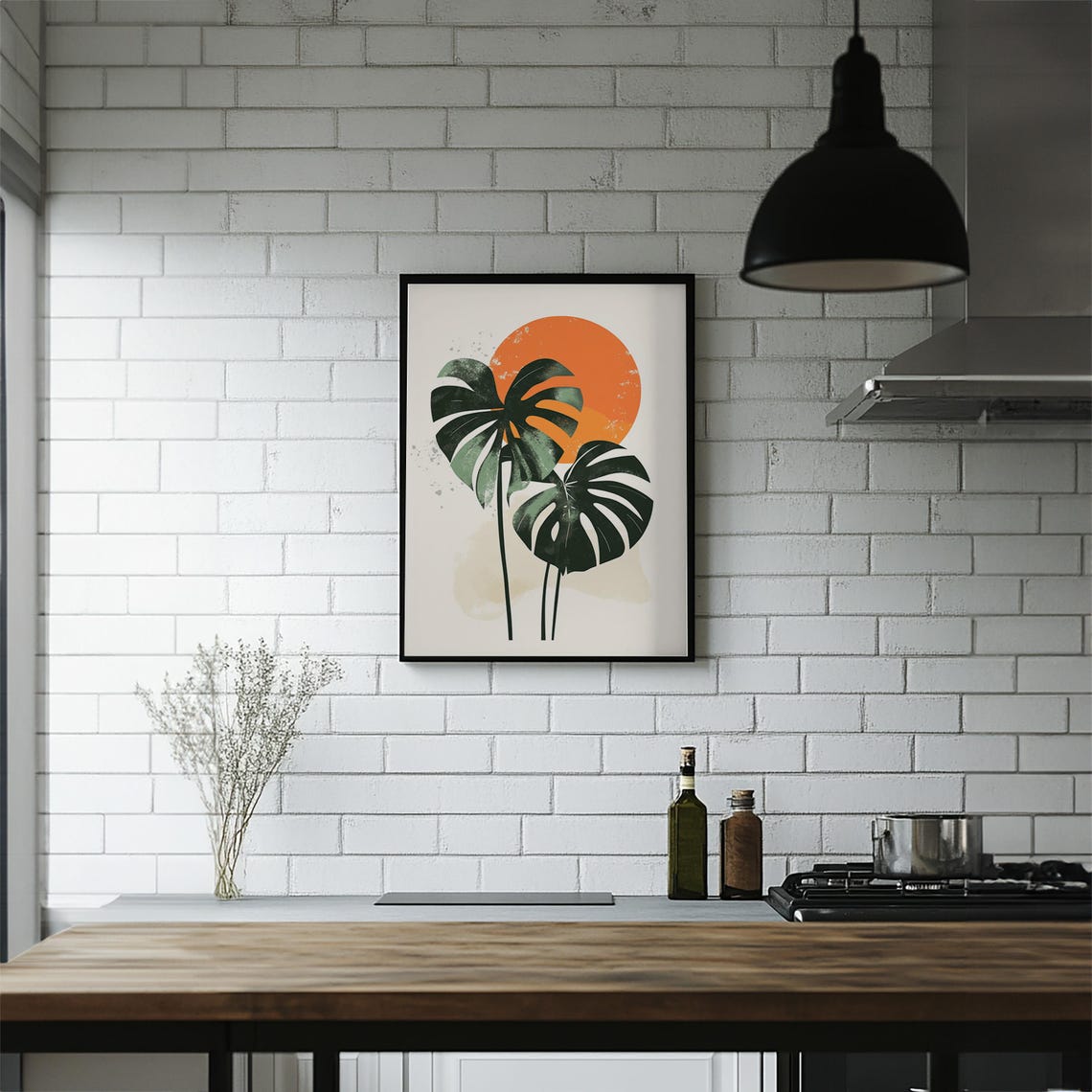 Monstera Leaves Under Orange Sun Minimalist Tropical Wall Art - Image 5