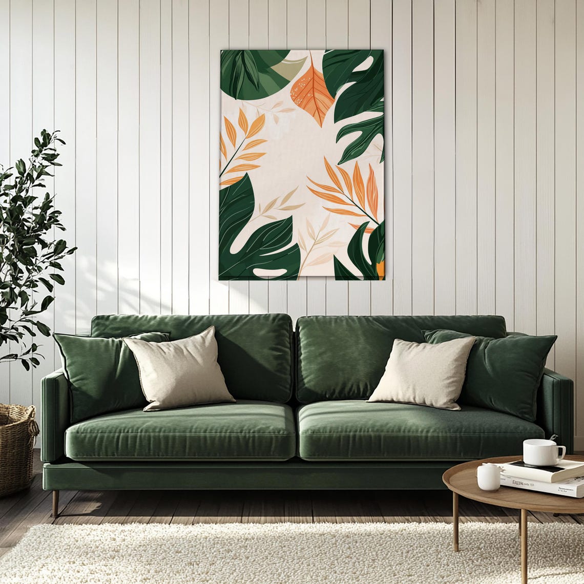 Green Orange Tropical Leaves Modern Botanical Abstract Wall Art - Image 3