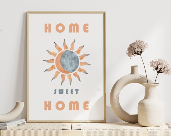 Home Sweet Home Sun and Moon Poster in Boho Watercolor Style