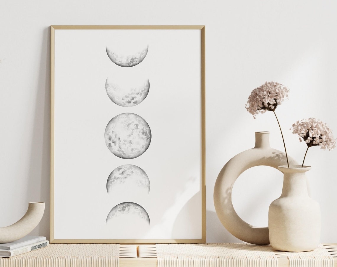 Moon Phases Vertical Celestial Watercolor Minimalist Lunar Poster