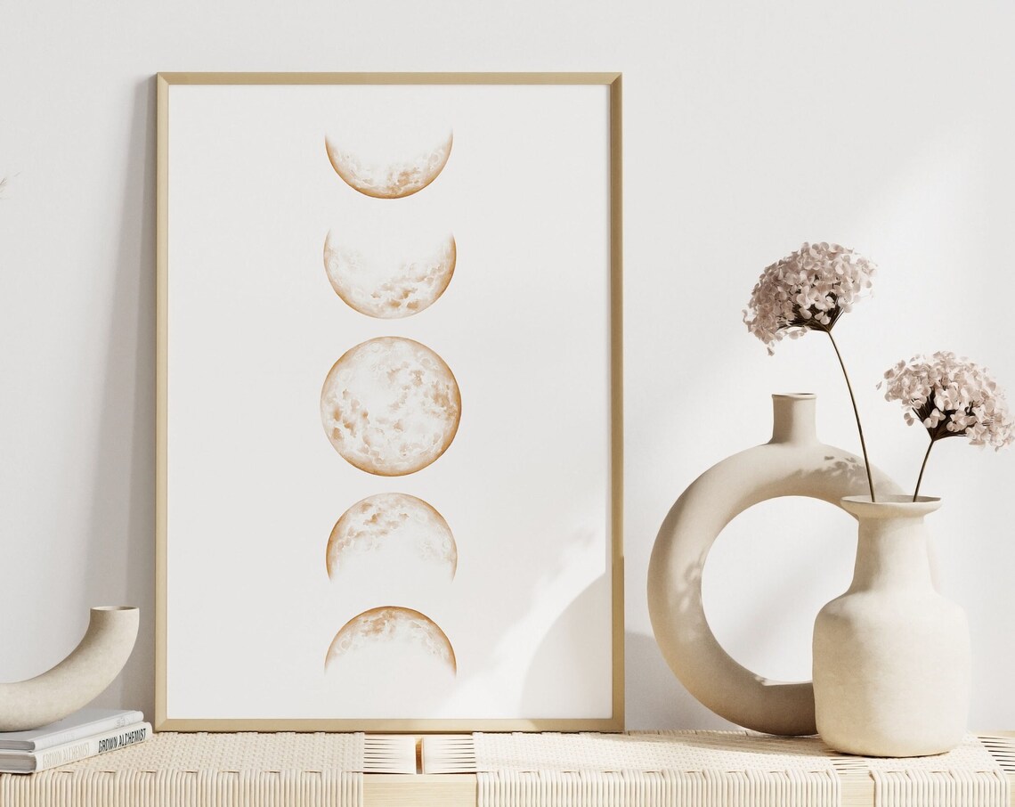 Beige Moon Phases Minimalist Lunar Cycle Cream Bedroom Print - Image 3