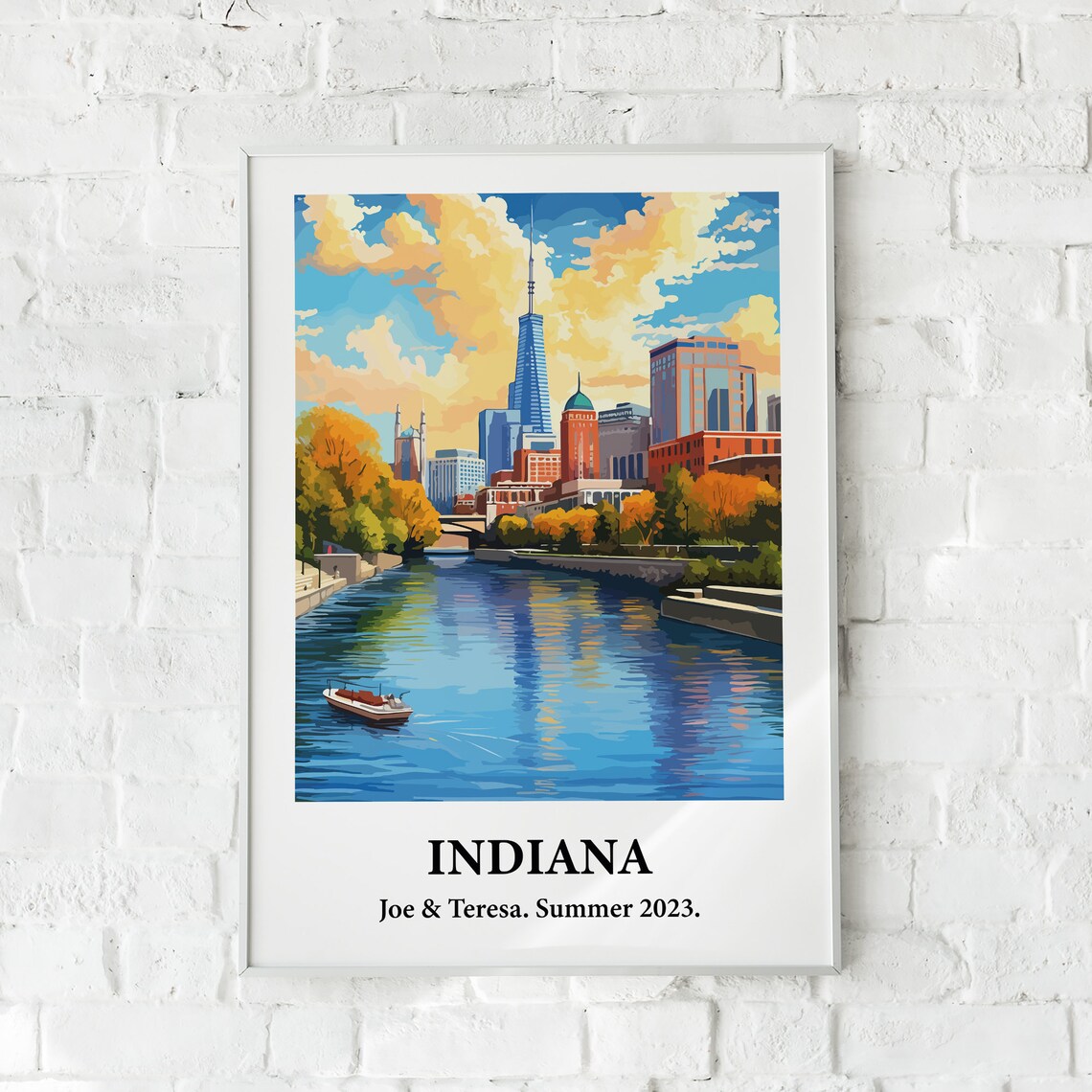 Indiana River Skyline Autumn Boat Vintage Style Travel Art Poster