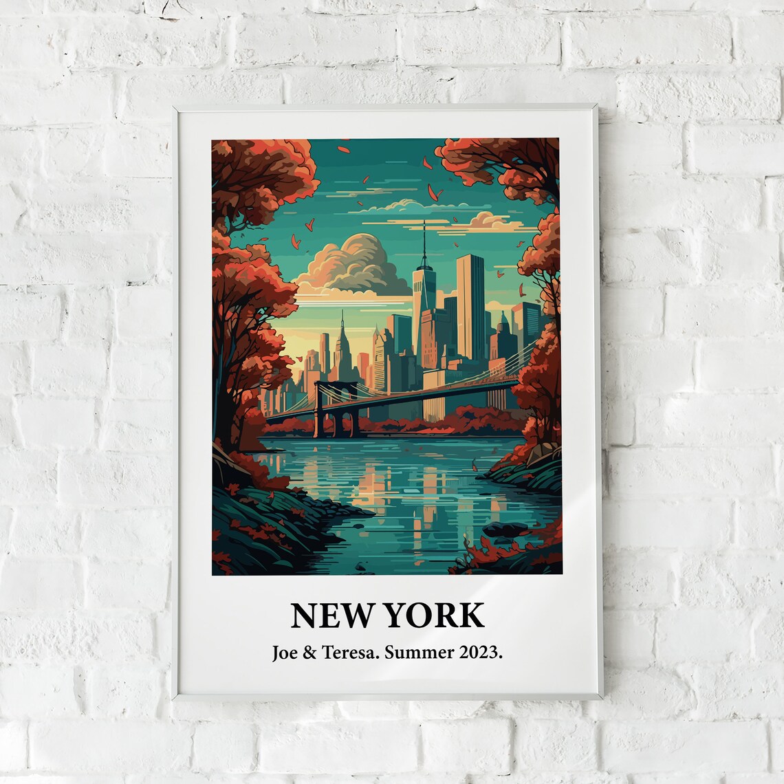 New York City Skyline Bridge Autumn Vintage Style Travel Art Poster - Image 3
