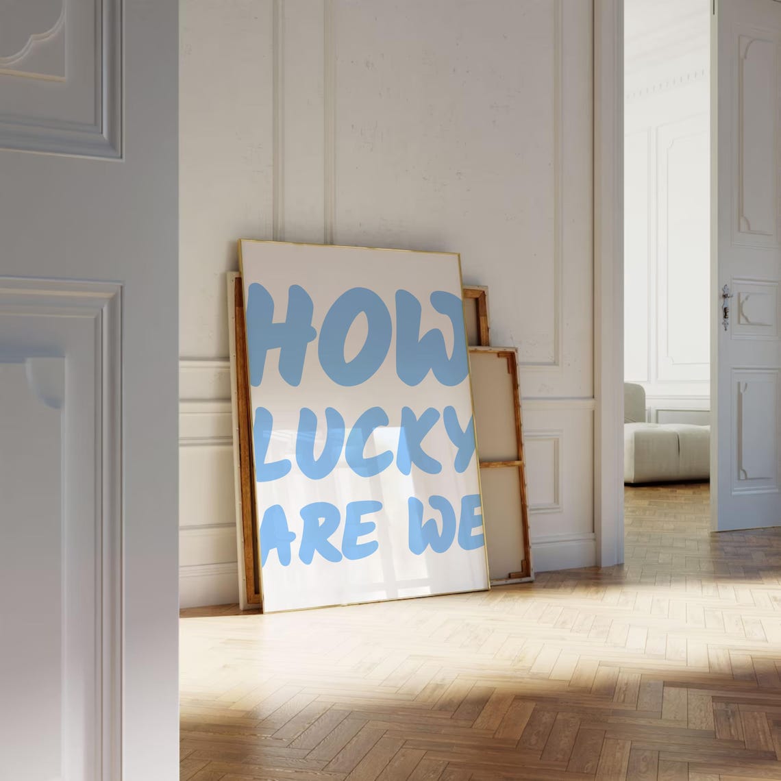 How Lucky Are We Sky Blue Bubble Letter Affirmation Wall Art - Image 3