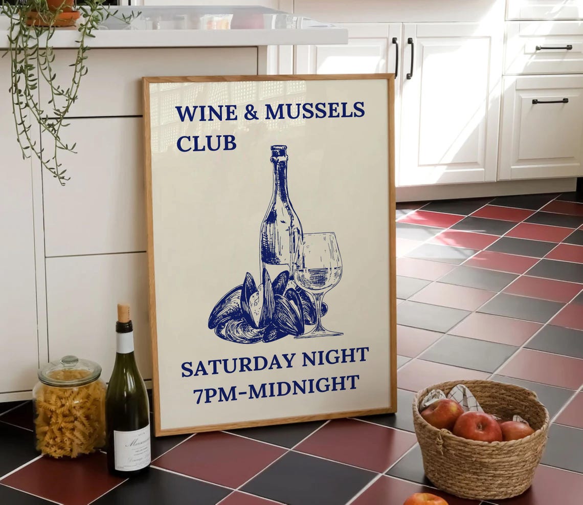 Wine and Mussels Club Saturday Night Blue Illustrated Kitchen Poster - Image 4