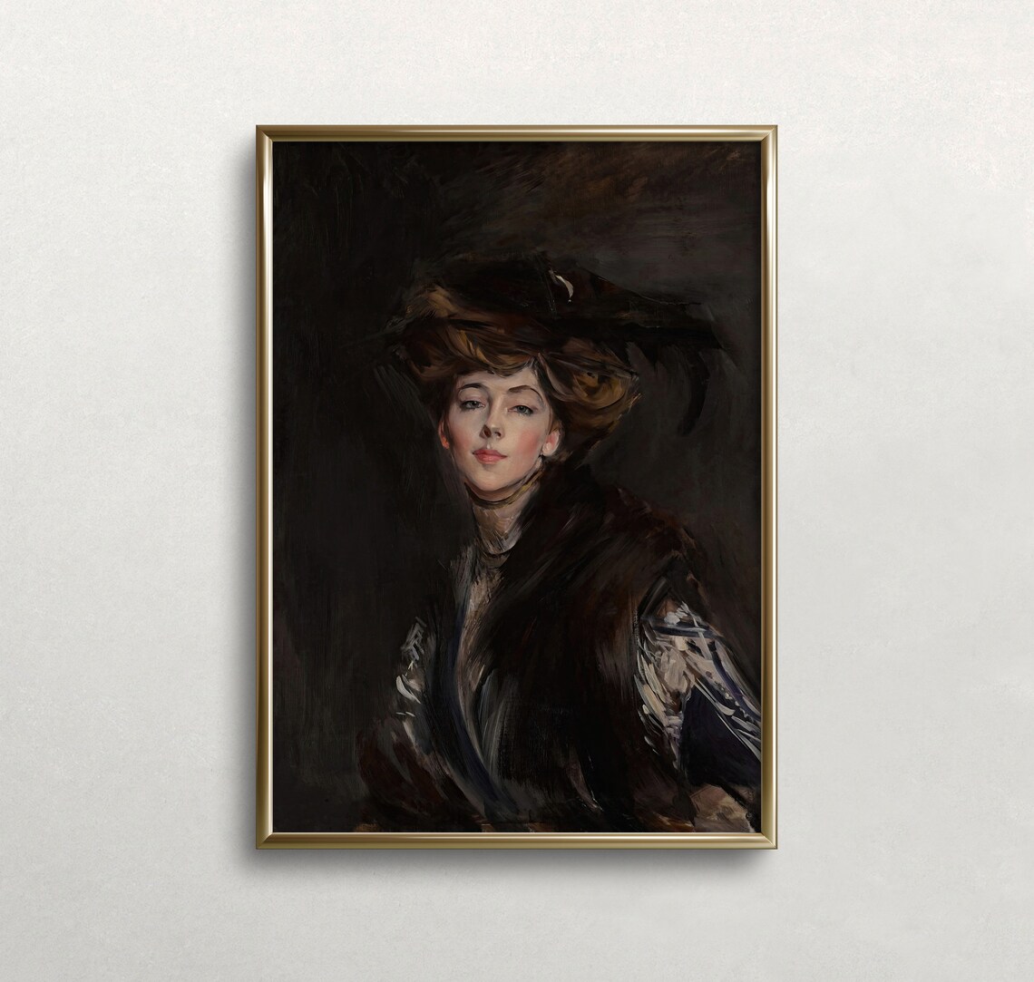 Victorian Lady In Dark Hat Moody Vintage Portrait Oil Painting Wall Art
