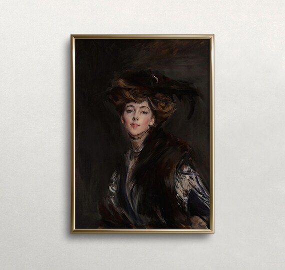 Victorian Lady In Dark Hat Moody Vintage Portrait Oil Painting Wall Art