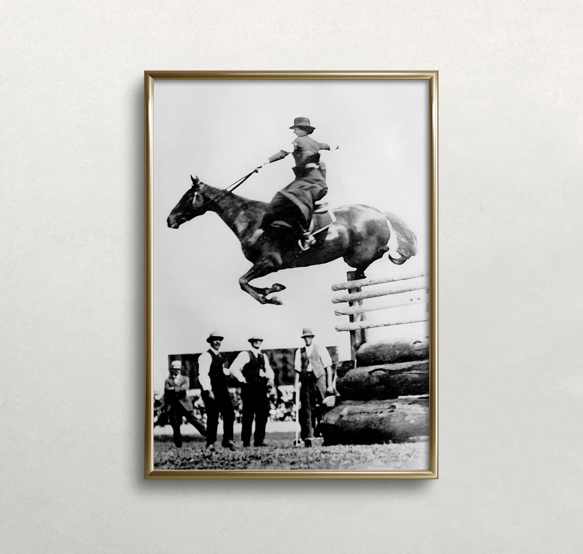 Woman Horse Jumping Fence Vintage Black White Equestrian Photo Print