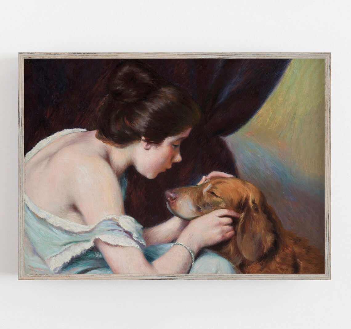 Woman and Dog Vintage Wall Art Print, Antique Portrait