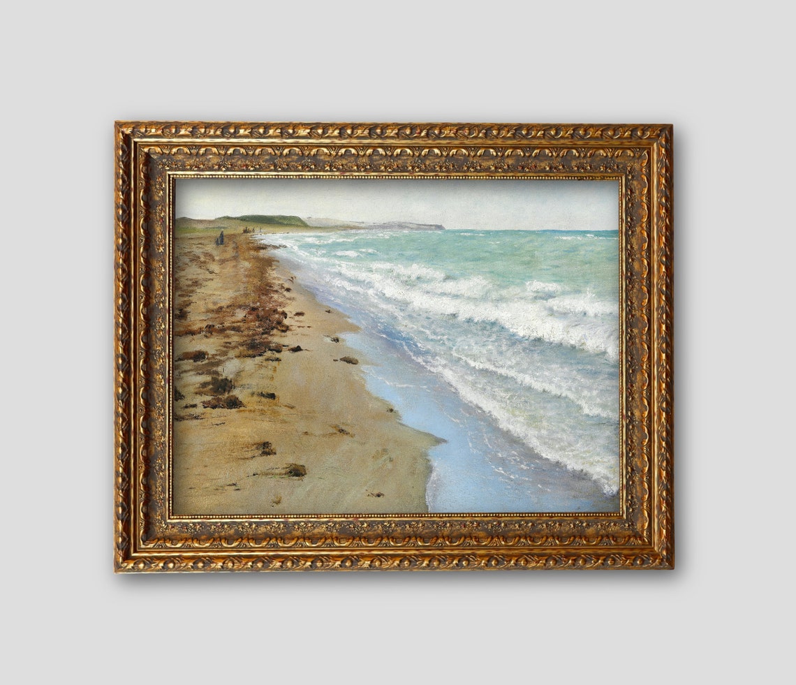 Sandy Beach Foamy Waves Shoreline Vintage Coastal Landscape Wall Art - Image 2