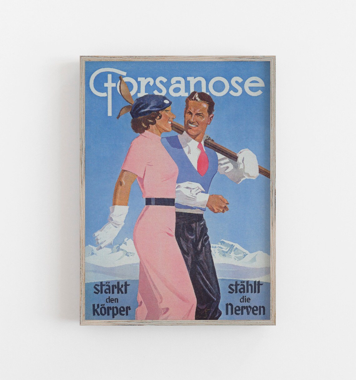 Vintage Swiss Ski Poster Elegant Couple on Alpine Slopes Retro Style