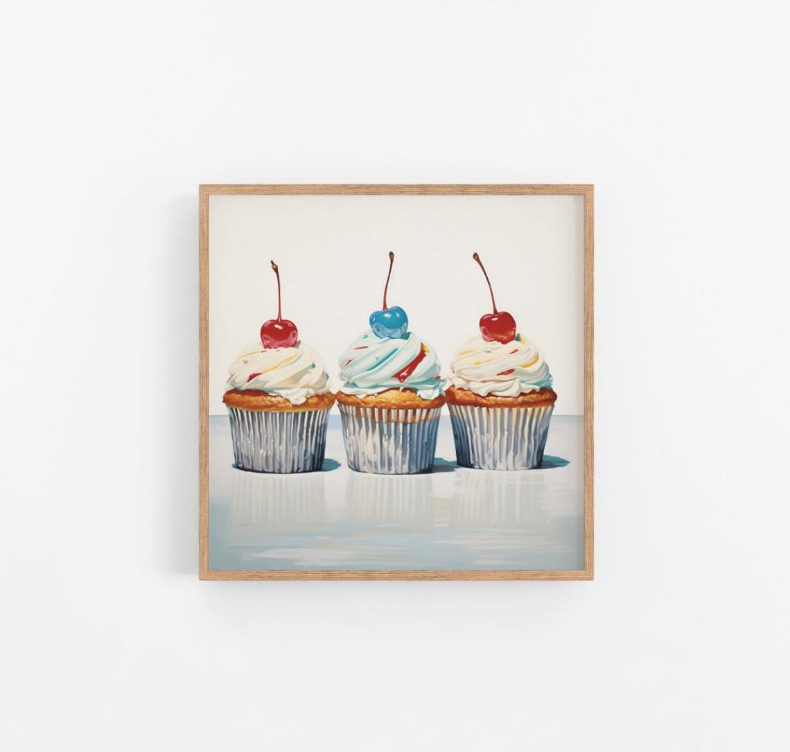 Watercolor Cupcakes With Cherries Soft Pastel Dessert Poster - Image 3