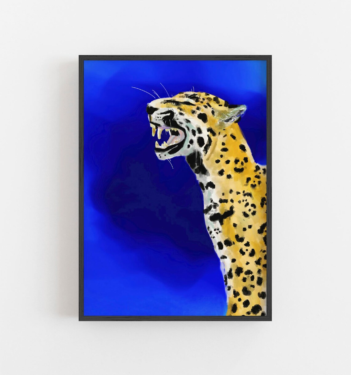 Cheetah Roaring Blue Background Wildlife Safari Cat Art Print