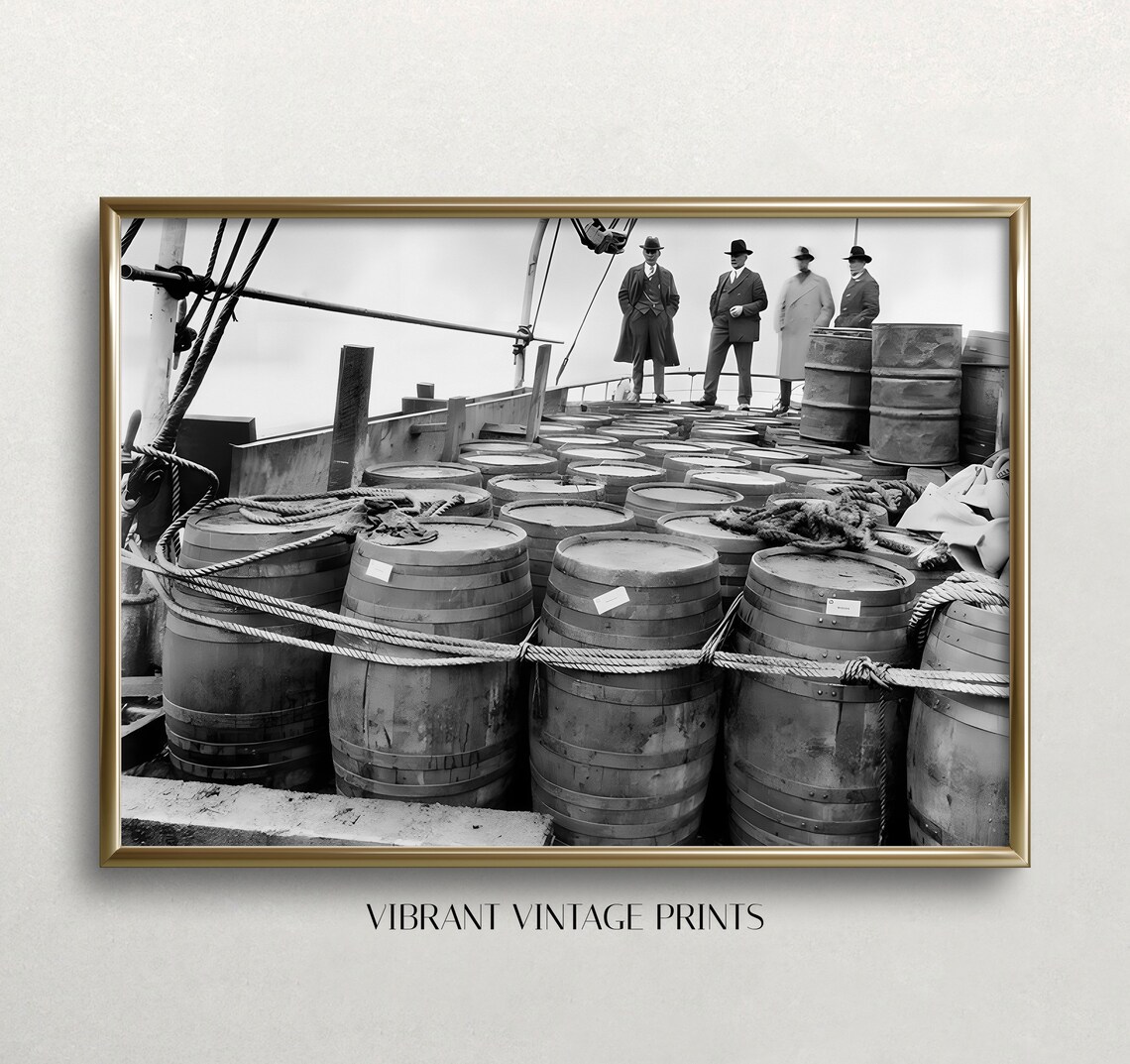 Prohibition Era Liquor Barrels Seized Ship Deck Vintage Photo Print