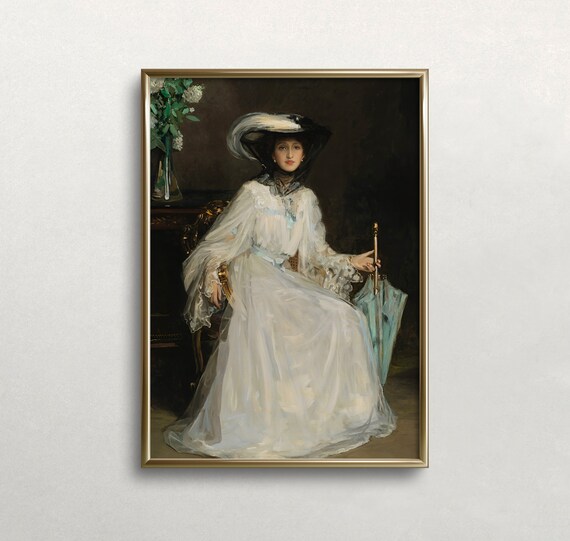 Elegant Lady in White Gown and Hat with Parasol Vintage Portrait Poster