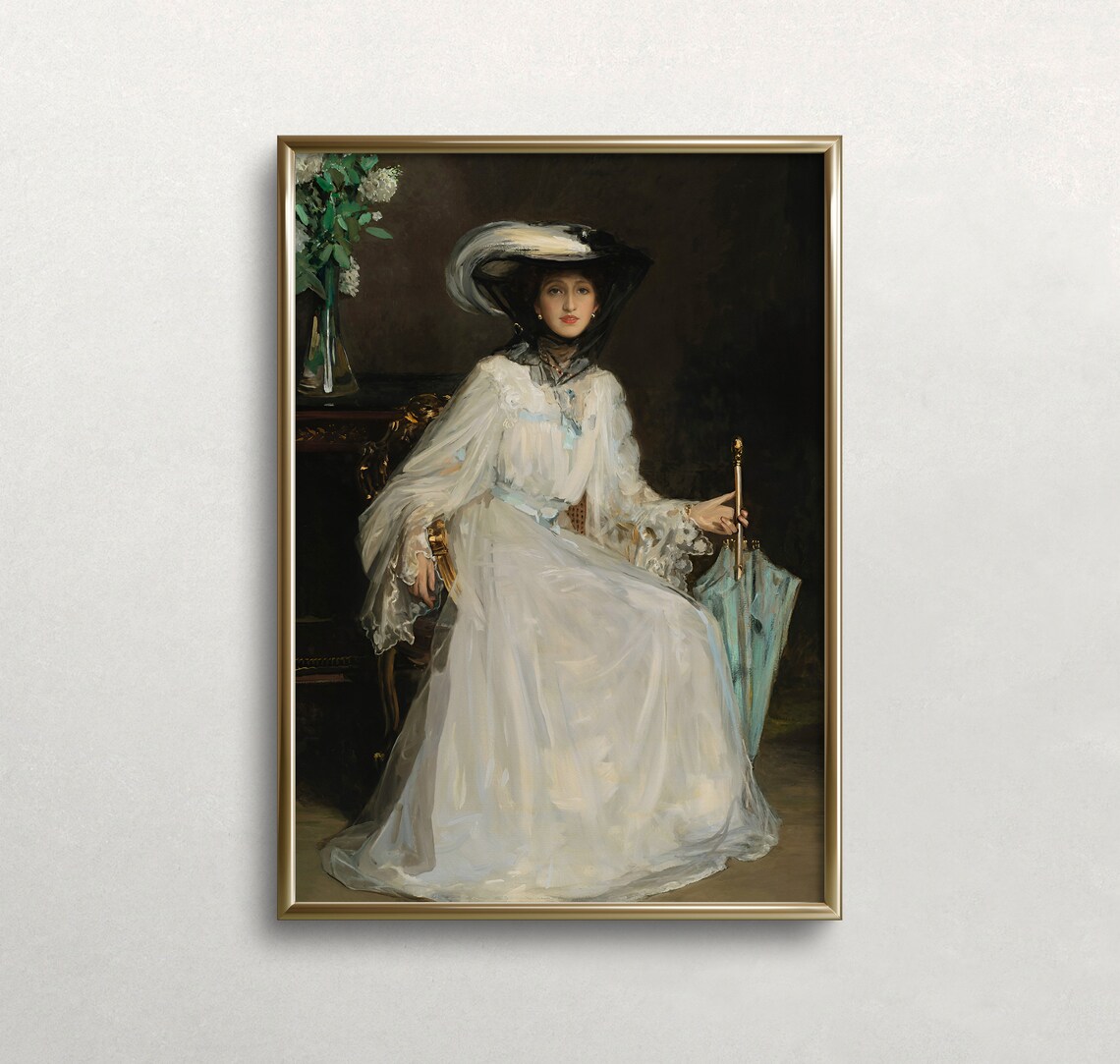 Elegant Lady in White Gown and Hat with Parasol Vintage Portrait Poster