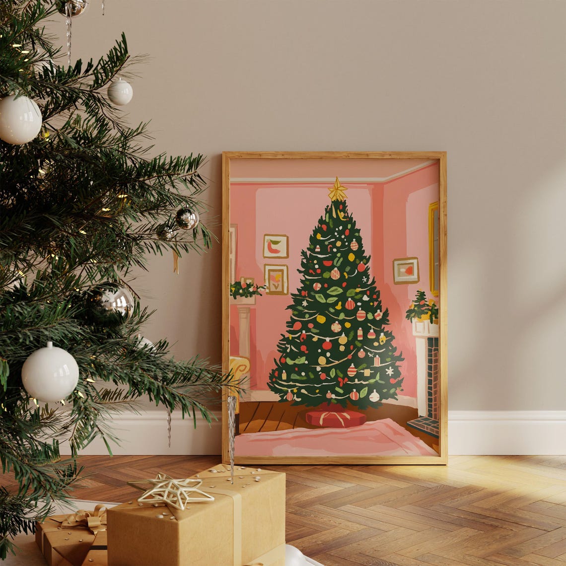 Pink Room Christmas Tree Decorated Modern Holiday Art Poster - Image 2