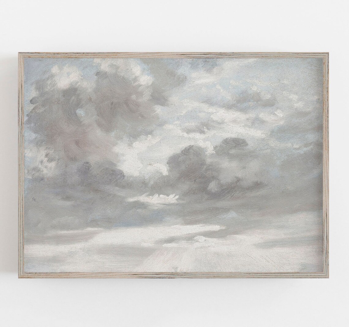 Moody Gray Clouds Vintage Sky Oil Painting Muted Neutral Wall Art