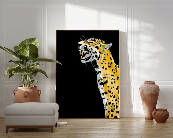 Roaring Leopard Head Black Background Modern Wildlife Art Print