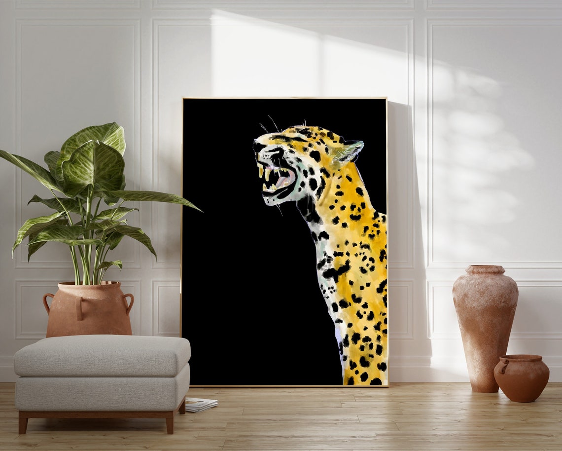 Roaring Leopard Head Black Background Modern Wildlife Art Print
