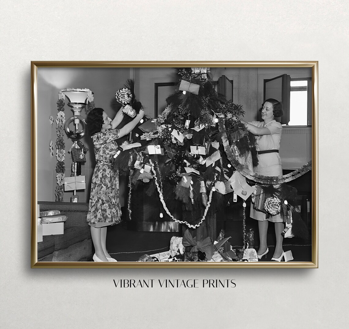 Two Women Decorating Christmas Tree Vintage Holiday Photo Poster