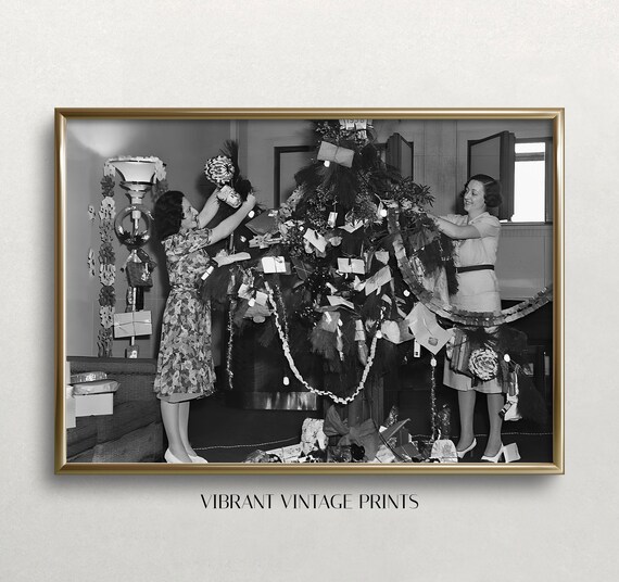 Two Women Decorating Christmas Tree Vintage Holiday Photo Poster