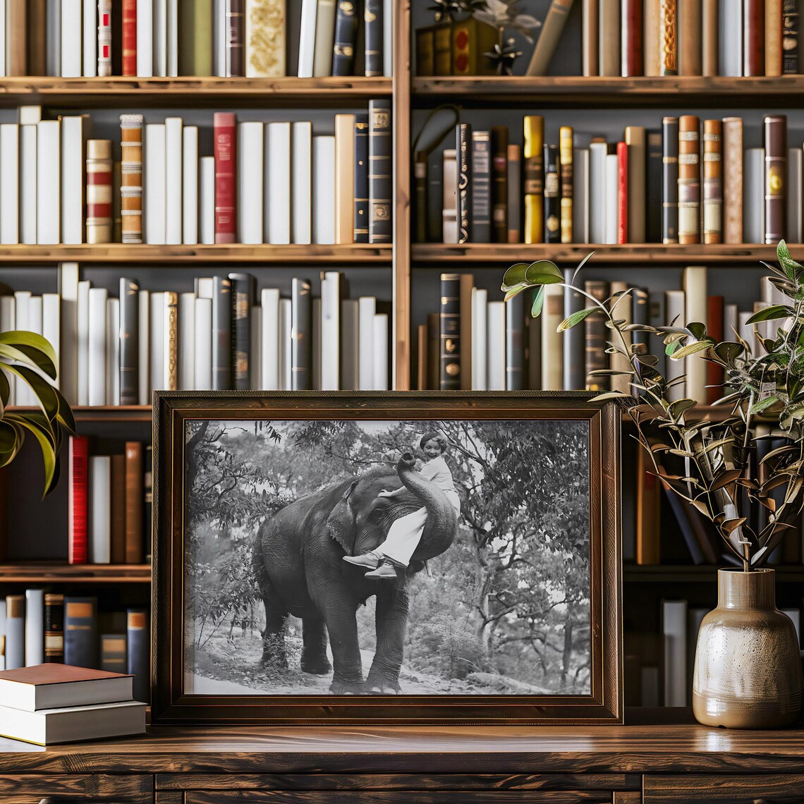 Playful Woman Riding Elephant Vintage Black And White Photo Poster - Image 3