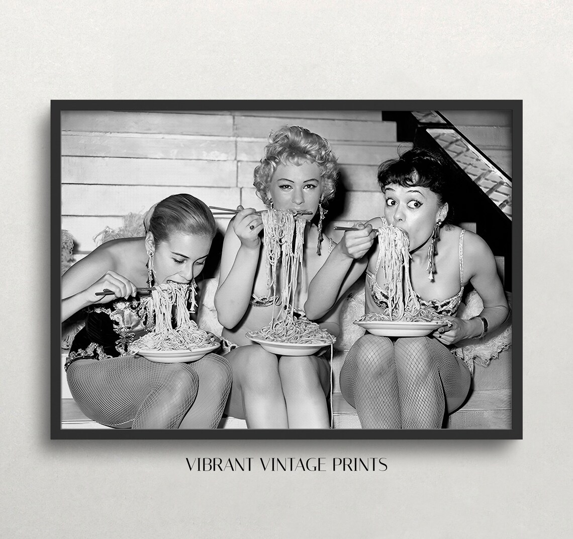 Women Eating Pasta, Vintage Black And White Art Print
